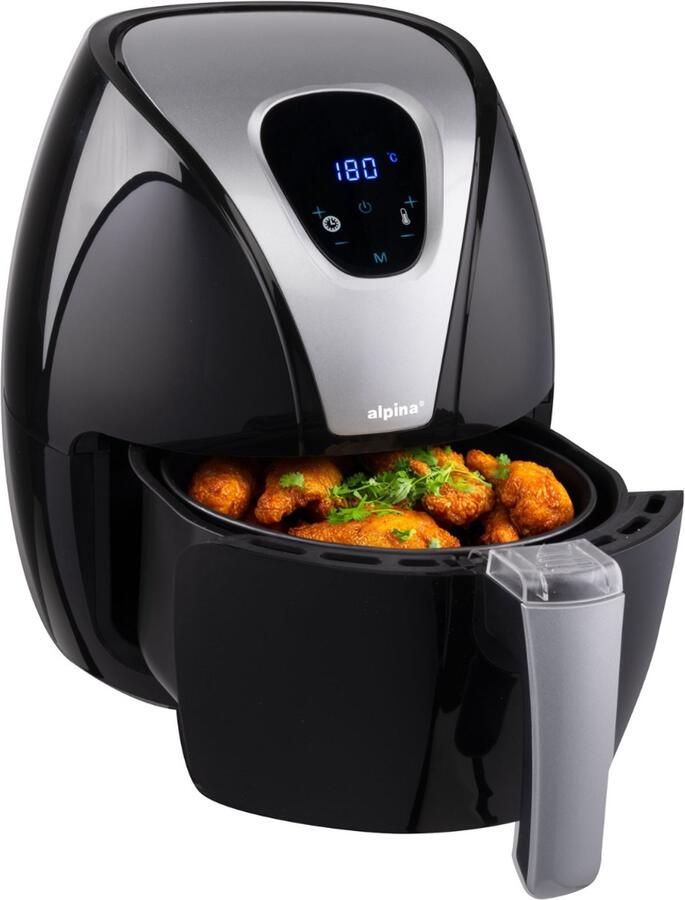 Alpina Airfryer 2.4L Heteluchtfriteuse 1-4 Personen Air Fryer met Digitaal Touchscreen Instelbare Temperatuur 80 tot 200 Graden met Timer Functie Heteluchtoven 1500W Zwart