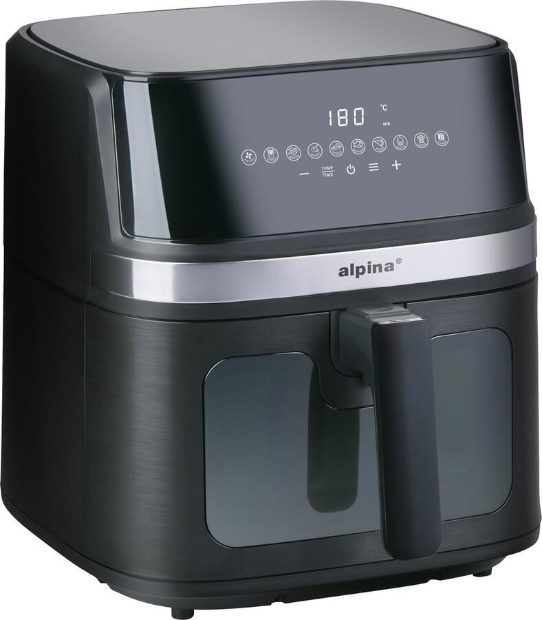 Alpina Airfryer XL 8 Liter Air Fryer voor 4 tot 6 Personen Heteluchtfriteuse met Digitaal Display en Timer Instelbare tTemperatuur 80-200°C Heteluchtoven met 10 Programma's Zwart