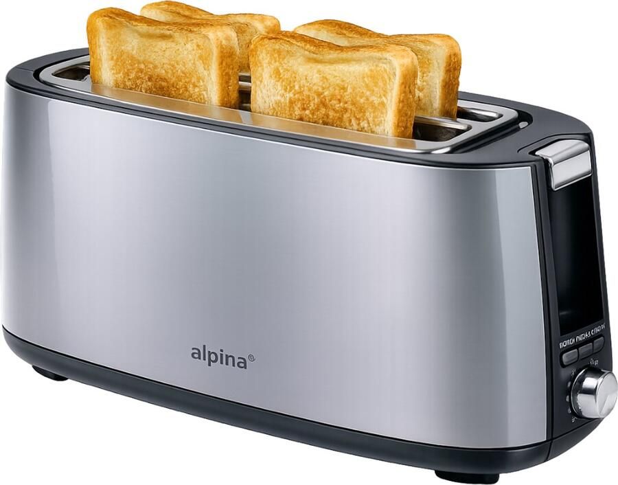 Alpina Broodrooster 4 Sneden Toaster 1400W met Kruimellade en Lange Sleuven 7 Instelbare Bruiningsstanden RVS Behuizing