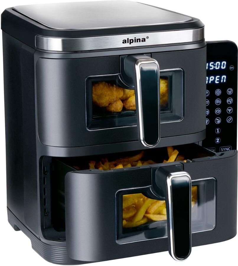 Alpina Airfryer XXL Dubbele Air Fryer 11L Heteluchtfriteuse 2 Manden Double Stacked voor 8 Personen Opvouwbaar Display Timerfunctie tot 60 Minuten Temperatuur 60-200°C Zwart
