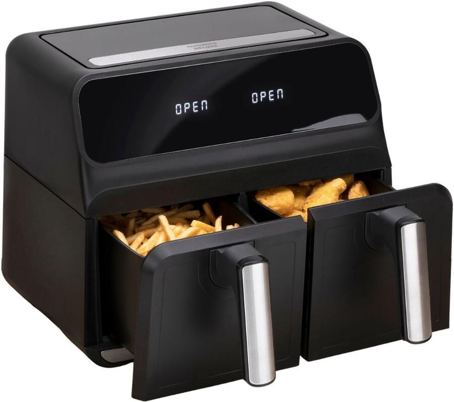 Alpina Dubbele Airfryer XXL 8L Dubbele Heteluchtfriteuse met 2 Manden Air Fryer met 8 Bakprogramma's Digitaal Display Timer tot 60 Minuten SYNC en MATCH modus Zwart