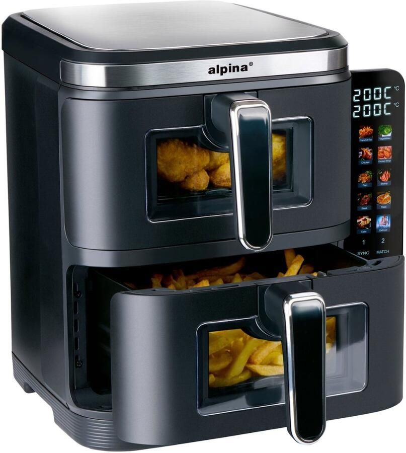 Alpina Dubbele Airfryer XXL Air Fryer 11L Heteluchtfriteuse met 2 Manden Duo Oven voor 8 Personen Opvouwbaar Display Timerfunctie tot 60 Minuten Temperatuur 60-200°C Zwart