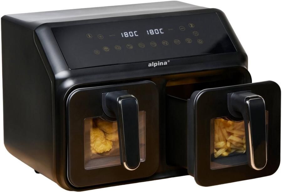 Alpina Dubbele Airfryer 8L- Heteluchtfriteuse met Digitaal Display Air Fryer met Timer en Temperatuur 60 tot 200℃ Duo Airfryer XXL met 8 Kookprogramma's en Kijkvensters Zwart