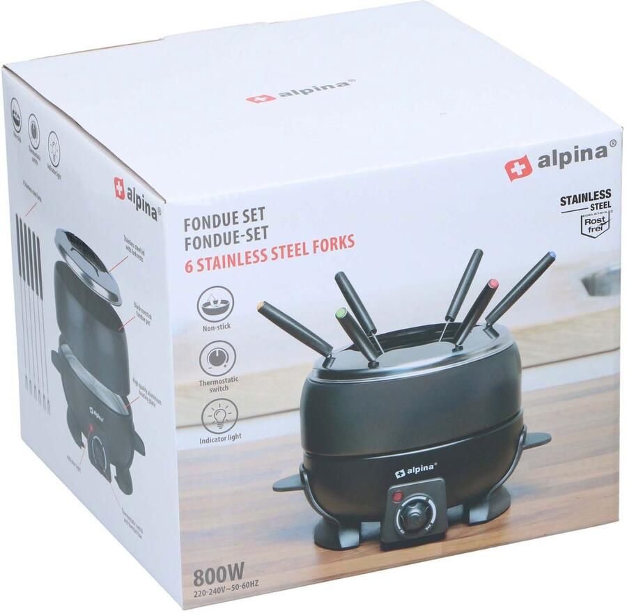 Alpina Fondueset Elektrisch 800W – Fonduepan 2L voor 6 Personen Geschikt voor Kaasfondue en Chocolade Fondue – Incl. Fonduevorken – Instelbare Temperatuur – RVS met Antiaanbaklaag
