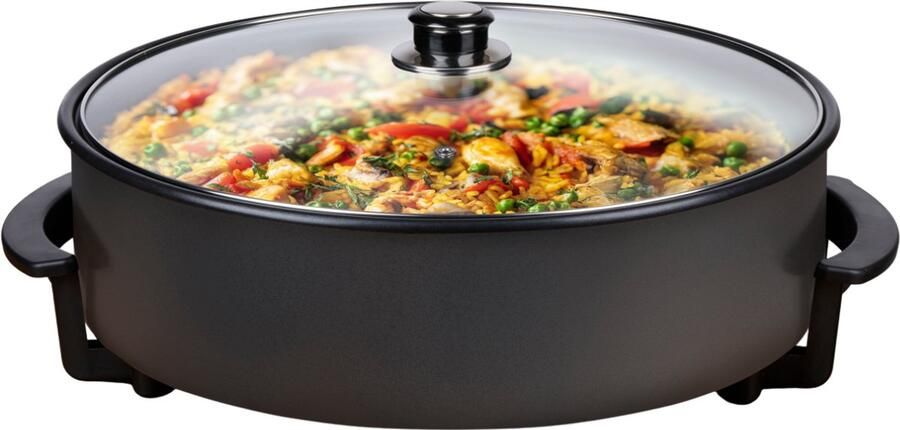 Alpina Elektrische Hapjespan Ø42 cm Multifunctionele Partypan 1500W met Deksel en Antiaanbaklaag Max. Temperatuur 240°C voor Pizza Paella Kip Vlees en Meer