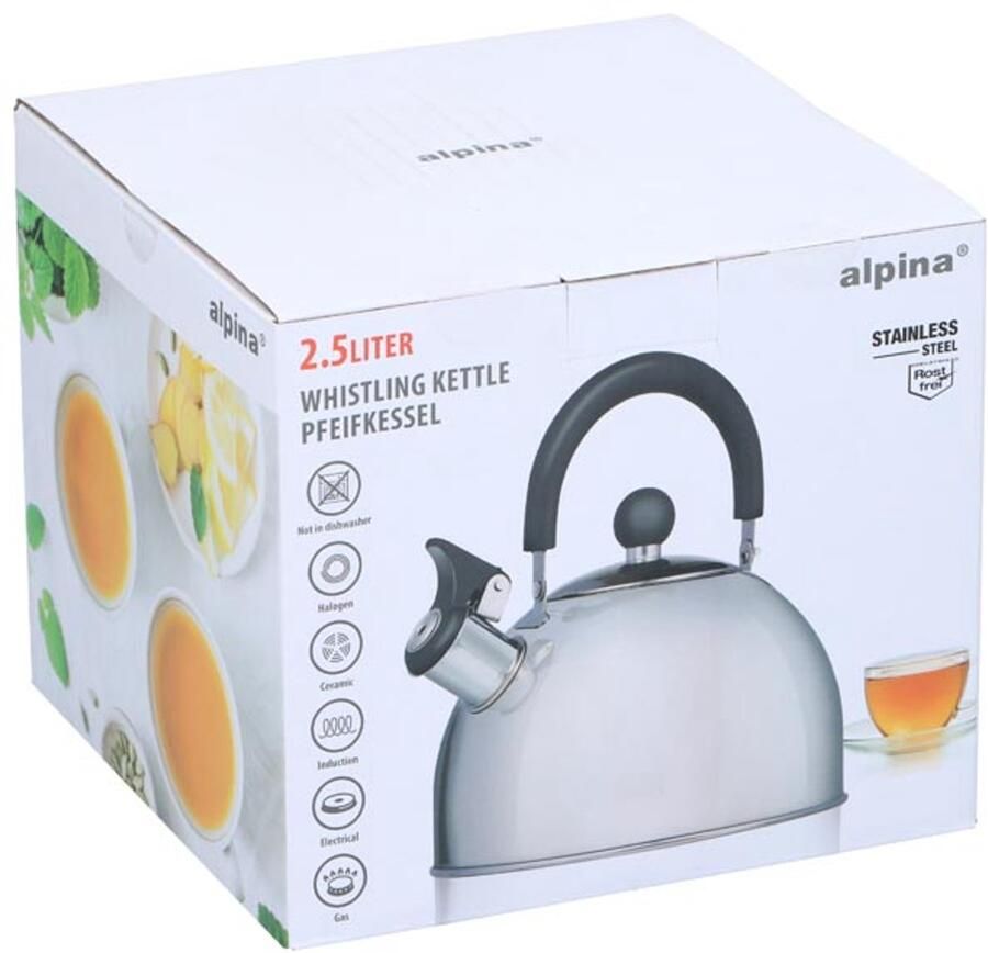 Alpina Fluitketel 2 5L Roestvrijstalen Waterketel met Fluit Water- en Theekan voor alle Warmtebronnen Zilver