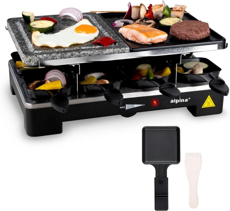 Alpina Gourmetstel Bakplaat en Steengrill Incl. 8 Spatels en Raclettepannetjes 1200-1400 Watt Regelbare Thermostaat Anti-Aanbaklaag Indicatielicht