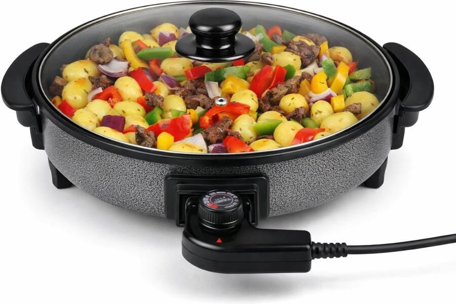 Alpina Hapjespan Partypan met Deksel en Thermostaat Antiaanbaklaag voor Bakken en Warmhouden 1500W Elektrisch Hapjespan met Glazen Deksel Cooltouch Handvatten Ø40cm