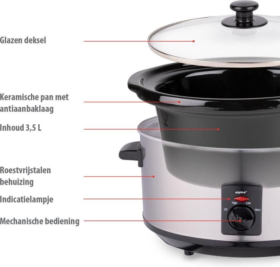Alpina Slowcooker 3.5L Crockpot Slow Cooker met Warmhoudfunctie Multicooker met Keramische Binnenpan en Glazen Deksel 240W RVS