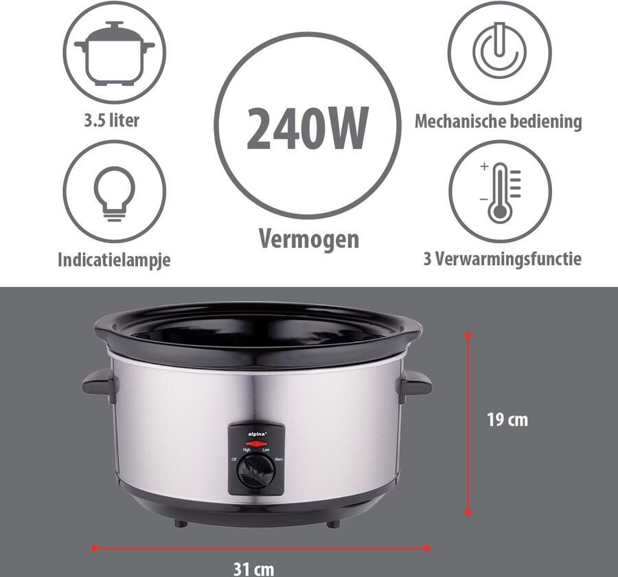 Alpina Slowcooker 3.5L Crockpot Slow Cooker met Warmhoudfunctie Multicooker met Keramische Binnenpan en Glazen Deksel 240W RVS - Foto 3