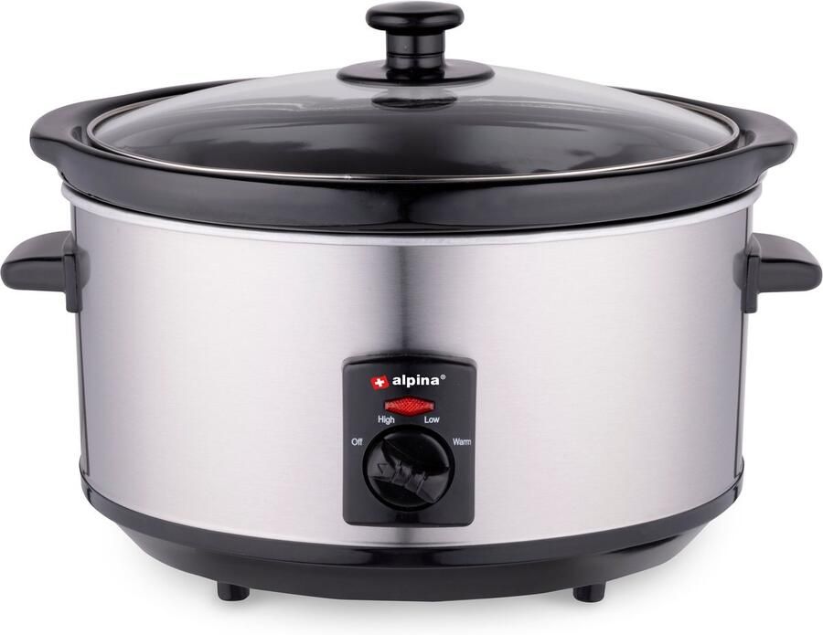 Alpina Slowcooker 3.5L Crockpot Slow Cooker met Warmhoudfunctie Multicooker met Keramische Binnenpan en Glazen Deksel 240W RVS