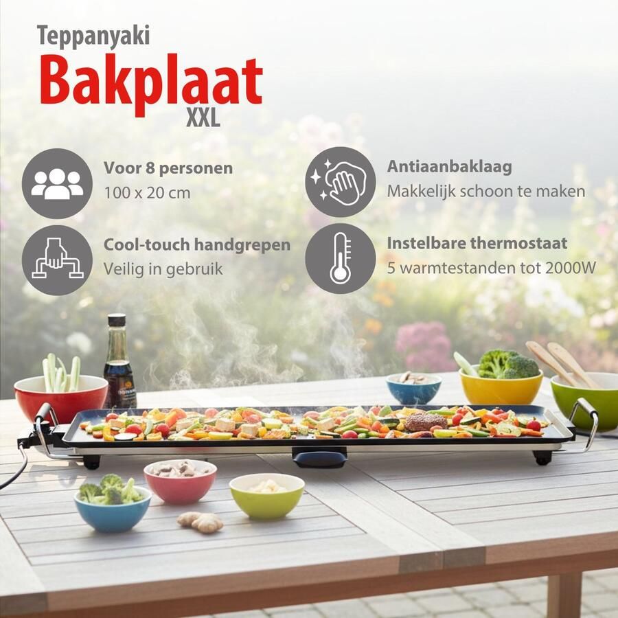 Alpina Teppanyaki Bakplaat XXL Grillplaat 2000W Grill en Gourmet Plaat Electrisch Plancha 100 x 20 cm met Verstelbare Thermostaat Anti-Aanbaklaag en Lekbak