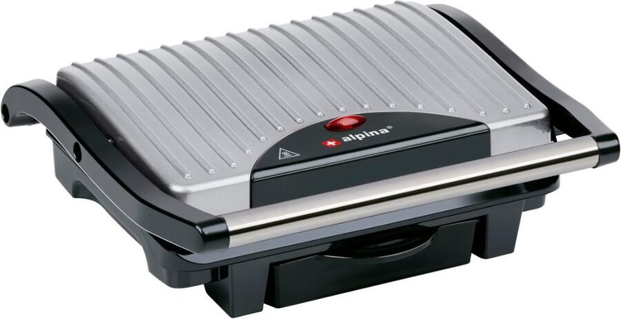 Alpina Tosti Ijzer 1000W Contact Grill met Anti-Aanbaklaag en Lekbak Incl. Reinigingsgereedschap Geschikt voor Brood Panini Vlees en Meer Zilver