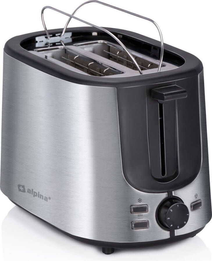 Alpina Broodrooster met Tostiklemmen Toaster 2 stuks Brood met 7 Bruiningsniveau's en Ontdooifunctie Broodrooster Tostiapparaat met Verwijderbare Kruimellade Zilverkleurig