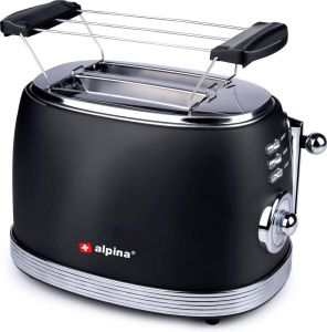 Alpina Broodrooster Retro Toaster 6 Standen Broodjeswarmer 2 Sleuven Opwarmen en Ontdooien Zwart