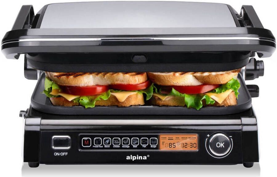 Alpina Contact Grill Tosti IJzer 8 Grillstanden Anti-Aanbaklaag 180º Kantelbaar 2100 W Tafelgrill 32 x 25 CM Bakplaat Uitneembare Grillplaten Zilverkleurig
