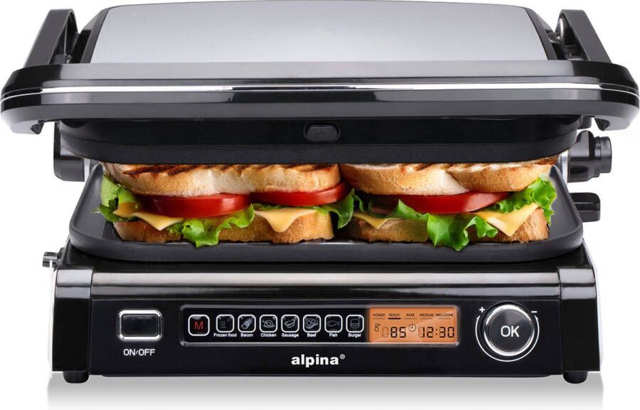 Alpina Contact Grill Tosti IJzer 8 Grillstanden Anti-Aanbaklaag 180º Kantelbaar 2100 W Tafelgrill 32 x 25 CM Bakplaat Uitneembare Grillplaten Zilverkleurig