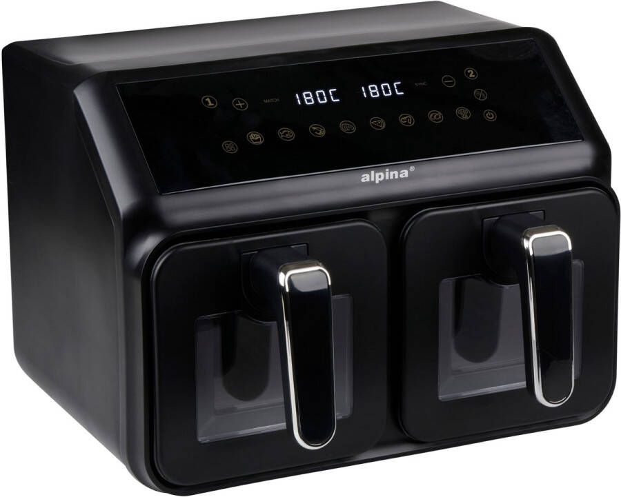 Alpina Dubbele Airfryer 8L- Heteluchtfriteuse met Digitaal Display Air Fryer met Timer en Temperatuur 60 tot 200℃ Duo Airfryer XXL met 8 Kookprogramma's en Kijkvensters Zwart