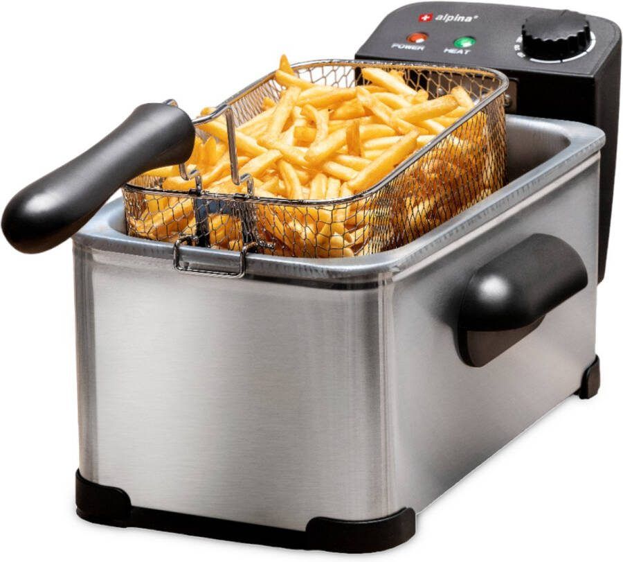 Alpina Frituurpan 3 Liter Friteuse met Instelbare Thermostaat Frituur met Uitneembare Mand Frietpan 2000W 32 3 x 20 5 x 18 9 cm RVS