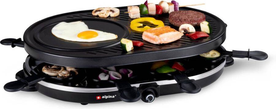 Alpina Gourmetstel 8 Personen Gourmetset Bakplaat met Pannetjes en Spatels Raclette Grill voor Gourmetten 1200W