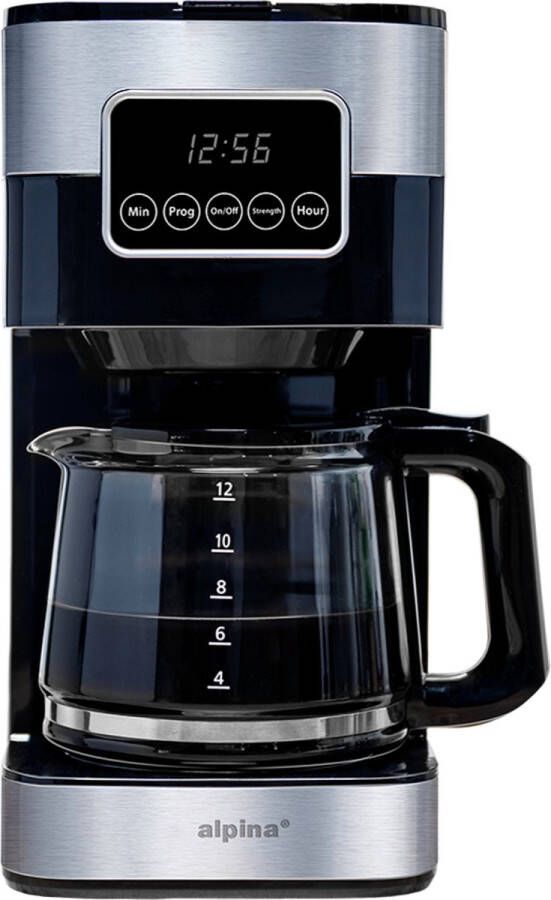 Alpina Koffiezetapparaat Filterkoffie Koffiemachine 1.5L 12 Kopjes Filter Koffie Machine met Digitaal Display Timer en Warmhoudplaat Instelbare Koffie Sterkte Zwart