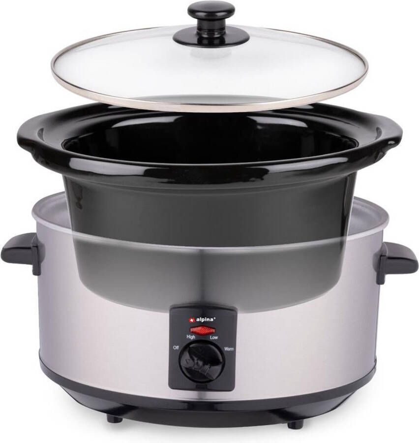 Alpina Slowcooker 3.5L Crockpot Slow Cooker met Warmhoudfunctie Multicooker met Keramische Binnenpan en Glazen Deksel 240W RVS