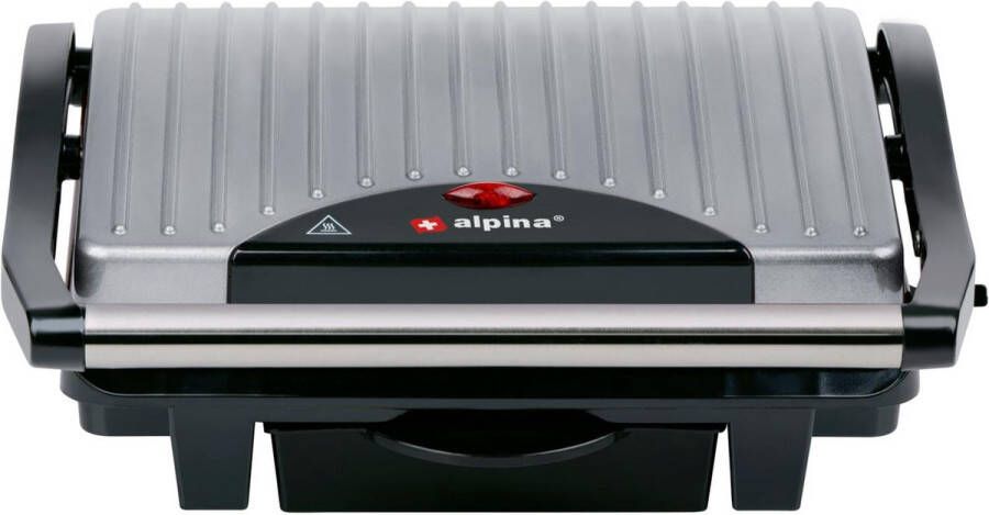 Alpina Tosti Ijzer 1000W Contact Grill met Anti-Aanbaklaag en Lekbak Incl. Reinigingsgereedschap Geschikt voor Brood Panini Vlees en Meer Zilver