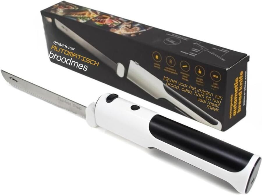 AMA Elektrisch Broodmes Broodsnijder Vleesmes Draadloos Vervangbare Messen 48x7x12cm Zilver