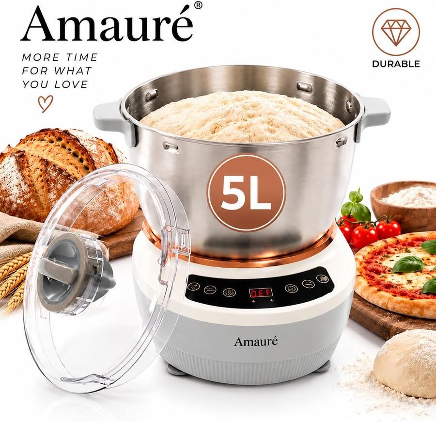 Amauré Deegmachine 5L Deegmachine Deegkneedmachine Mixer met Gisting Functie Keukenmachines Keukenmixer Keuken machine -25-38 ° C Wit