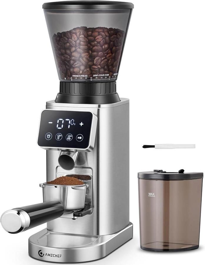 AmzChef CG209 Elektrische Koffiemolen Conische Maalschijf Digitaal Display Zilver