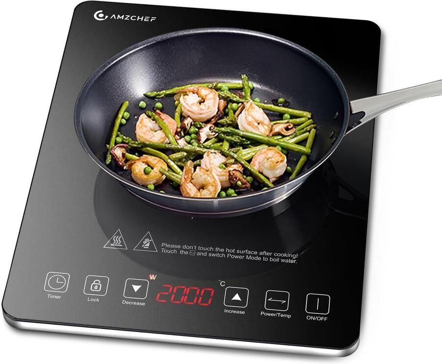AmzChef Draagbare Enkele Inductiekookplaat 2000W 10 Temperatuurstanden Timer Touchbediening LED Display Zwart