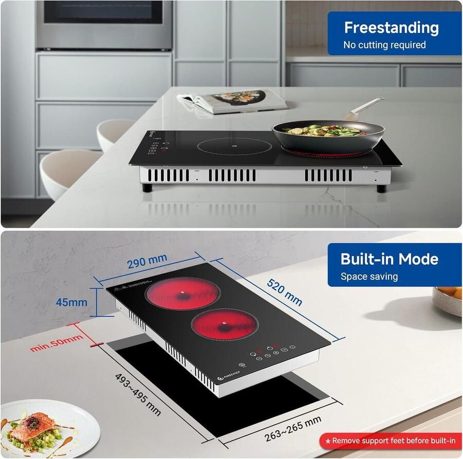 AmzChef T-32C82 Inbouw Keramische Kookplaat 1 Fase (Normale Stekker) 2 Kookzones Touchbediening