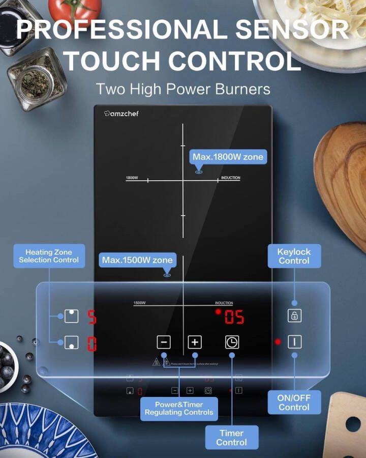 AmzChef Domino Dubbele Inductiekookplaat 2 Platen 3300W Sensor Touch Zwart