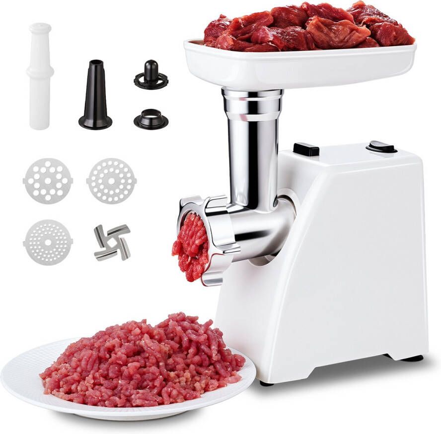 AmzChef Elektrische Vleesmolen 2800W MAX 3-in-1 Gehaktmolen met 3 RVS Maalschijven Worsten & Kubbe-Opzetstuk Omkeerfunctie Tot 1 5 kg min Wit