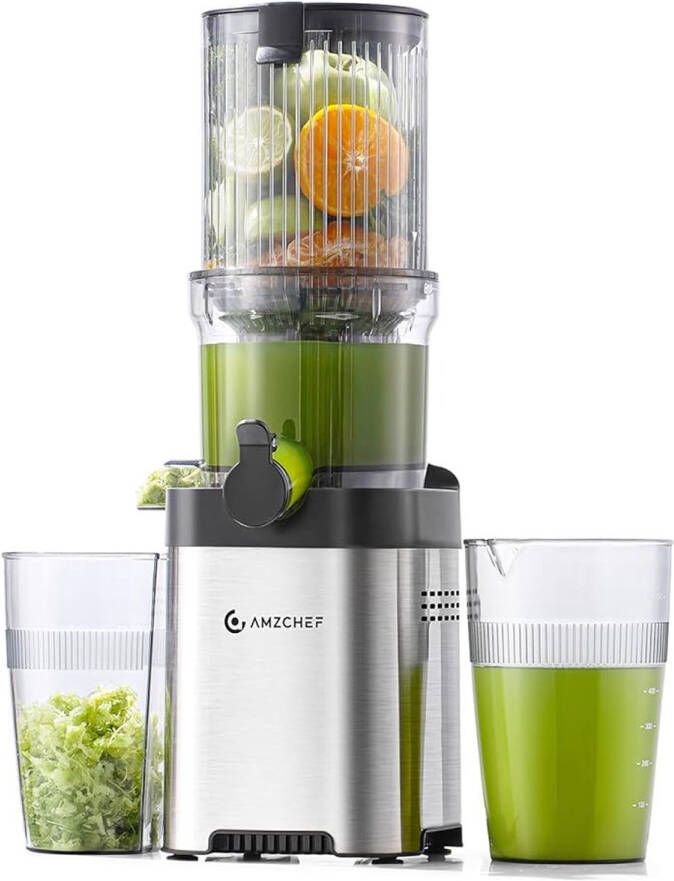 AmzChef Slowjuicer – Brede vulopening 113mm – Sapcentrifuge voor Groenten & Fruit – Roestvrij staal & BPA-vrij – Hoog sapopbrengst – Stil & eenvoudig schoon te maken