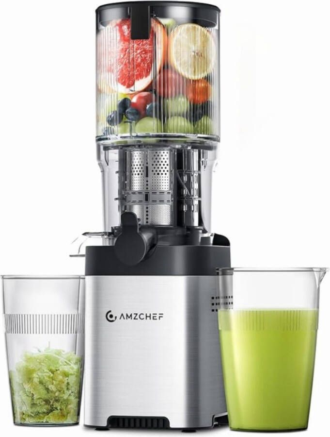 AmzChef Slowjuicer – Extra Grote Vulopening 126mm & Dubbele Schroef – Sapcentrifuge voor Groenten & Fruit – Stil & Duurzaam – Maximaal Sap Minimaal Pulp