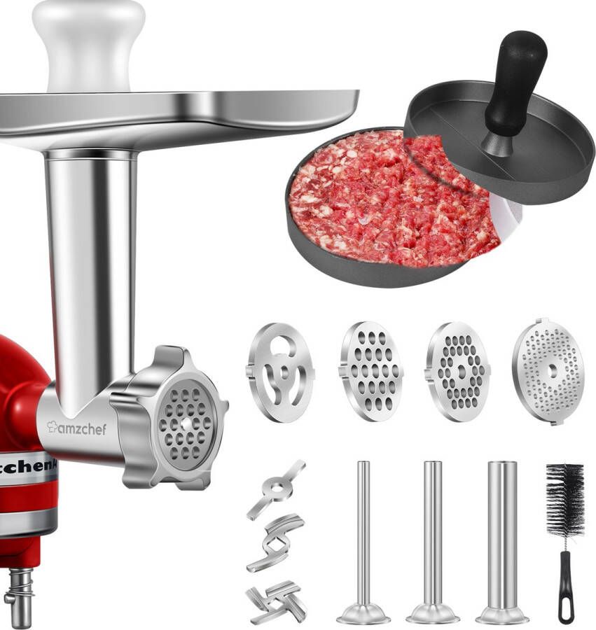 AmzChef Vleesmolen Accessoire voor KitchenAid – Multifunctioneel Maken van Gehakt Worsten & Burgers – Inclusief 4 Maalplaten 3 Worstenstoppers & Hamburgerpers – Duurzaam Metaal