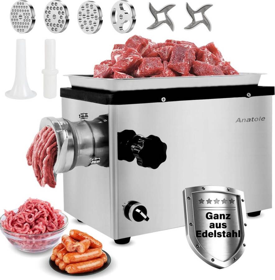 Anatole Vleesmolen Elektrisch Roestvrij Staal 1100 W Professionele Gehaktmachine en Multi-Worstmachine met 6 8 10 mm Maalplaten