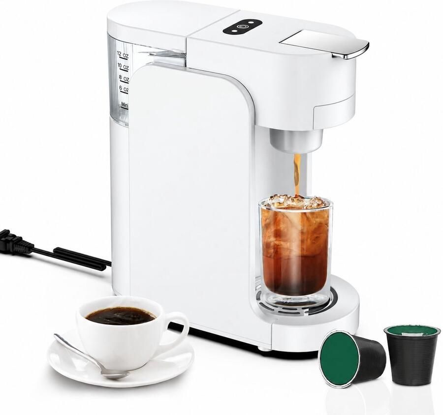 Aofixver Compacte koffiemachine voor één kop met directe verwarming in 3 seconden instelbaar voor kopgroottes van 6 tot 12 oz (ca. 180–350 ml) bediening met één druk op de knop voor americano en espresso – ideaal voor op reis of op kantoor (wit)
