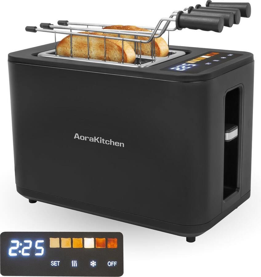 AoraKitchen Broodrooster met Tostiklemmen 900W 6 Warmteniveaus Led Scherm Toaster met Timerfuncties Tosti Apparaat Zwart