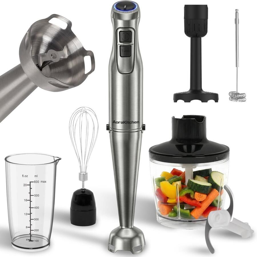 AoraKitchen Staafmixer Set 6 Delig Incl. Receptenboek 1000W Turbo Melkopschuimer Hakmolen Maatbeker Garde