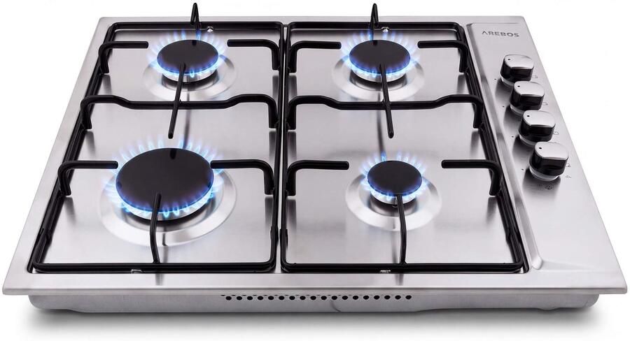 Arebos Gaskookplaat 4 branders Roestvrij staal Incl. roosters & ontstekingsbeveiliging