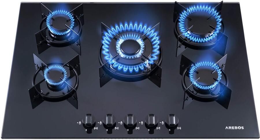 Arebos Ingebouwde Kookplaat 70 cm 5 Branders Glaskeramiek Gas Kookplaat Zwart