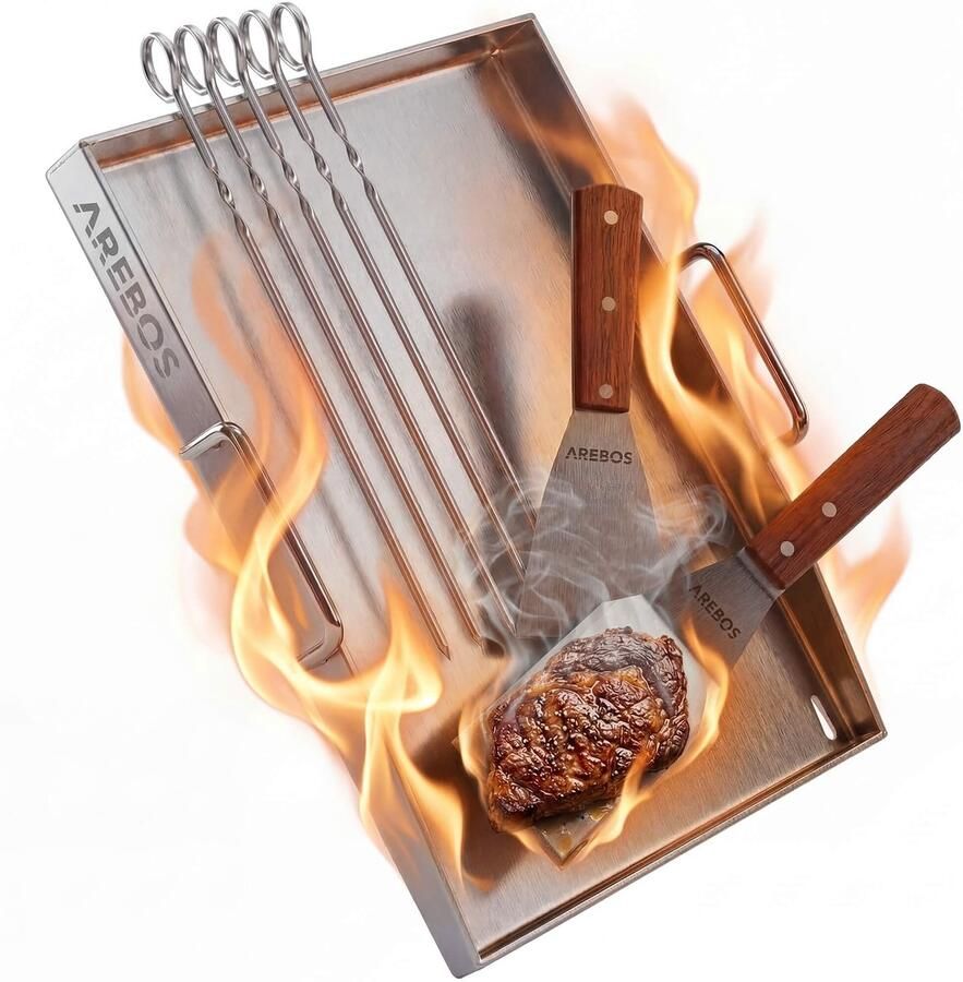 Arebos RVS Plancha 40x30 cm 800°C BBQ Bakplaat met 2 Spatels 5 Spiezen LFGB