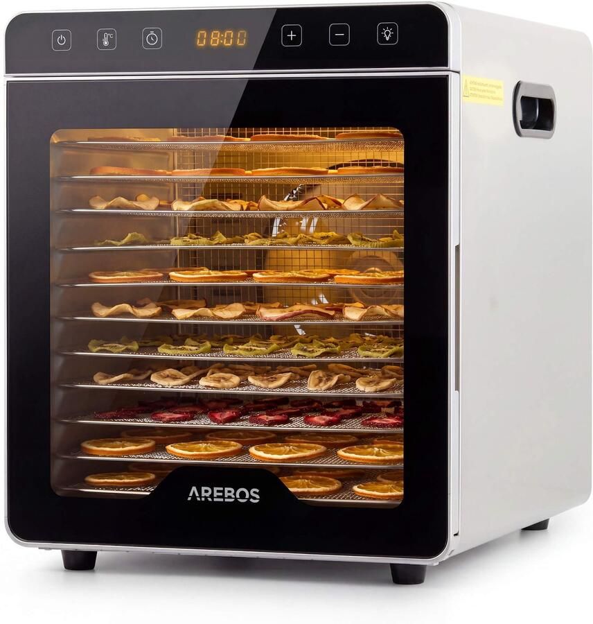 Arebos Voedseldroger RVS 800W 29L 12 Roosters LED Touch Fruit Groenten Drogen