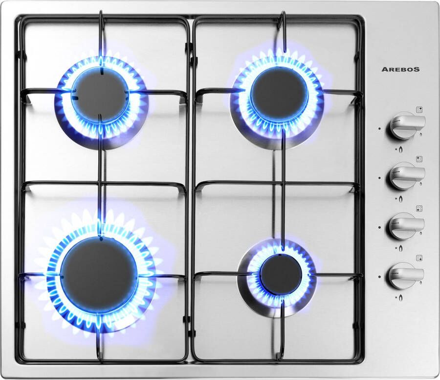 Arebos Gaskookplaat 4 branders Roestvrij staal Incl. roosters & ontstekingsbeveiliging