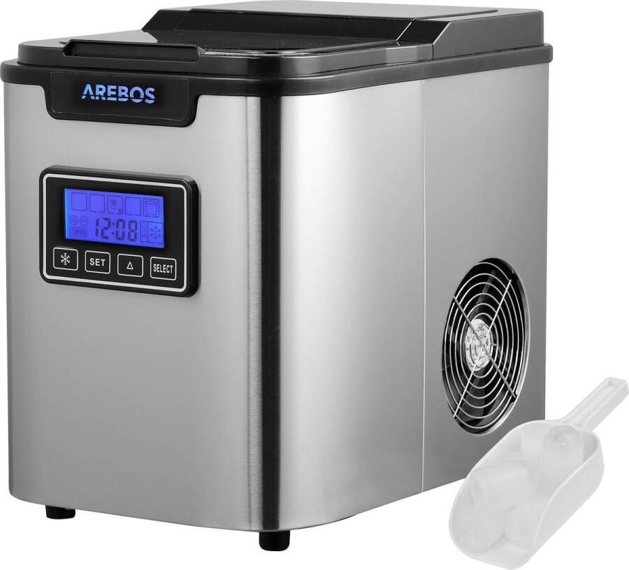 Arebos IJsblokjesmachine Ice Maker roestvrij staal ietijd van 8 tot 13 minuten 3 ijsblokjesmaten lcd-display zelfreinigende functie ijsblokjesmaker stil zonder wateraansluiting