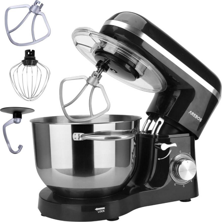 Arebos Keukenmachine 1500W Keukenrobot 6L Keukenmixer Foodprocessor Roestvrij Stalen Mengkom 6 Snelheden Zwart