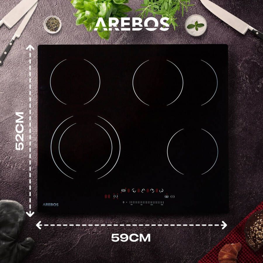 Arebos kookplaat van glaskeramiek autarkische kookplaat 4 kookzones 59cm 6600W