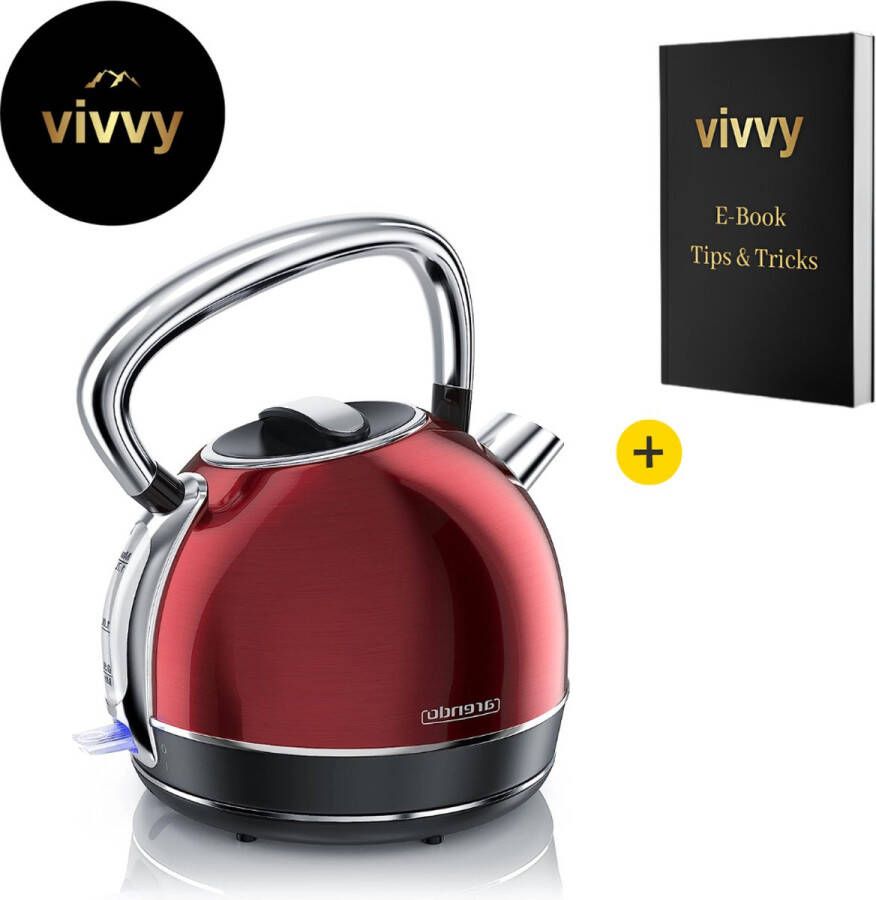 Arendo Waterkoker Retro Waterkoker Vintage Met Temperatuur Display Waterkoker Design 2 in 1 100% Tevredenheidsgarantie Vervangbare Filter Vintage Rood 1.7 L
